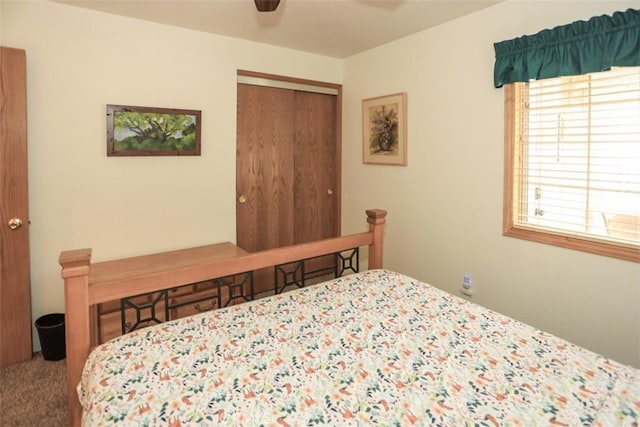 bedroom featuring carpet floors, a closet, ceiling fan, and multiple windows
