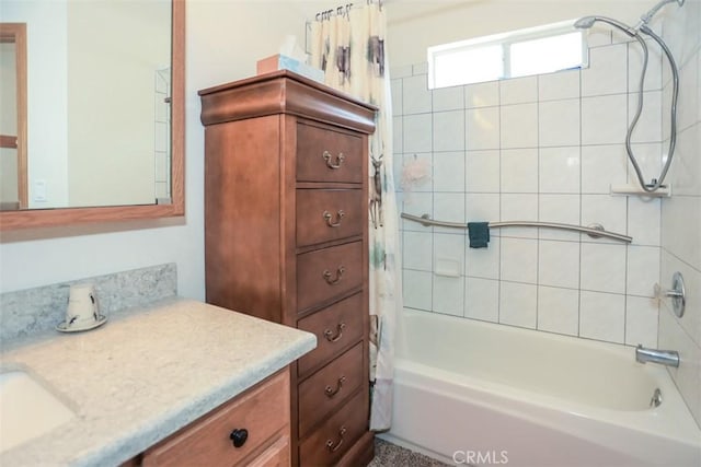 full bathroom with shower / bathtub combination with curtain and vanity