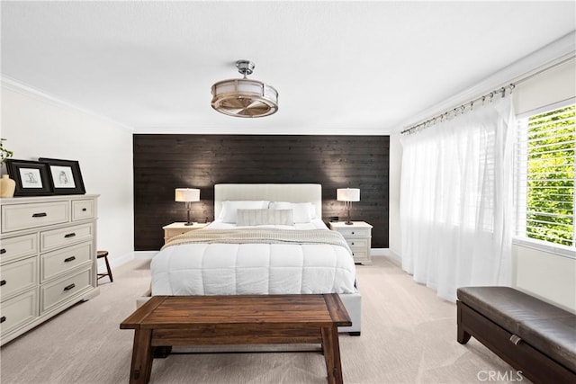 26544 Mahonia Way, Murrieta, CA 92562 - bedroom with an accent wall, light colored carpet, wood walls, and ornamental molding