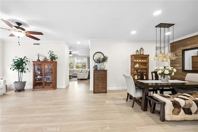 26544 Mahonia Way, Murrieta, CA 92562 - dining room with ceiling fan, ornamental molding, recessed lighting, and light wood finished floors