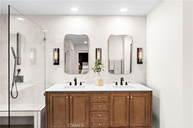 26544 Mahonia Way, Murrieta, CA 92562 - bathroom with a stall shower, double vanity, and recessed lighting