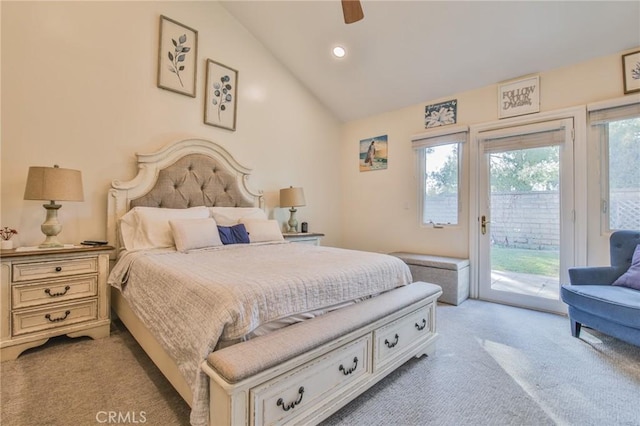 bedroom with ceiling fan, light colored carpet, recessed lighting, access to outside, and vaulted ceiling