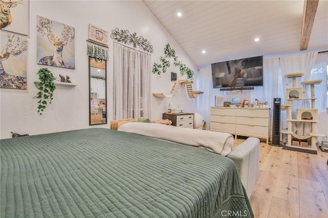 bedroom featuring vaulted ceiling with beams, recessed lighting, wood ceiling, and hardwood / wood-style flooring