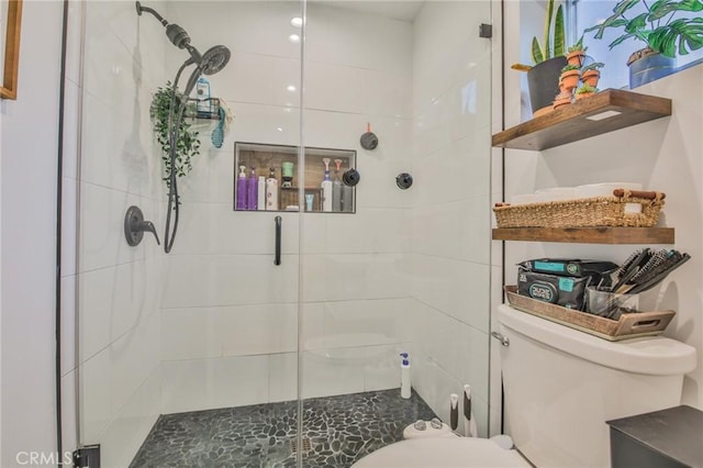 full bathroom with a shower stall and toilet