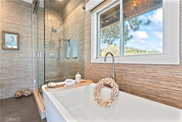 full bathroom featuring plenty of natural light, a freestanding bath, and a stall shower