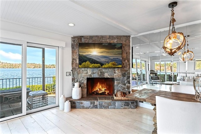 living area with wood-type flooring, plenty of natural light, and a stone fireplace
