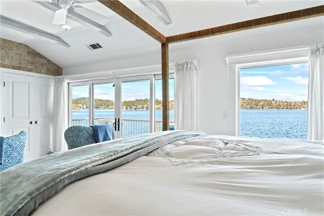bedroom featuring vaulted ceiling with beams, a water view, visible vents, and access to exterior
