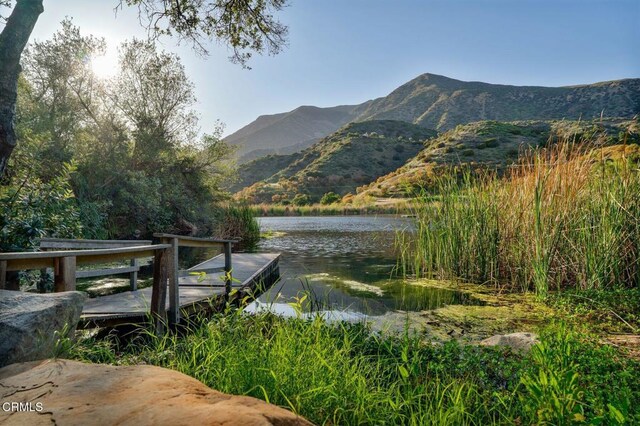 view of home's community featuring a water and mountain view and a dock