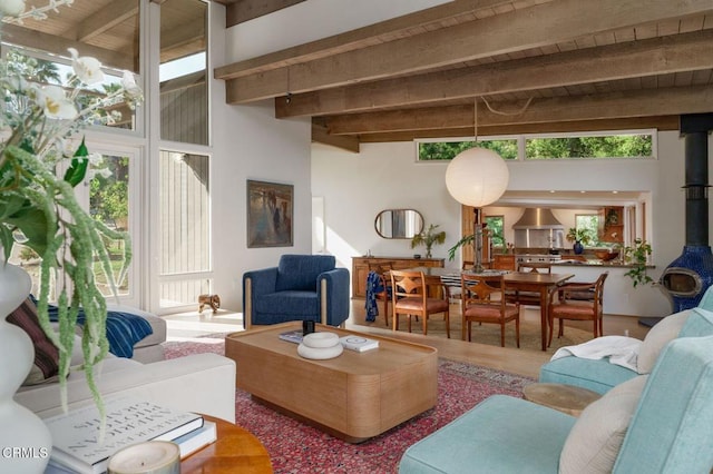 living room with beamed ceiling, a wood stove, healthy amount of natural light, and wood finished floors