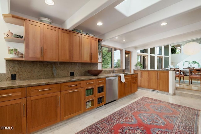 kitchen with dishwasher, open shelves, a sink, beam ceiling, and tasteful backsplash