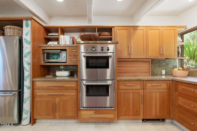 2800 Hermitage Rd, Ojai, CA 93023 - kitchen with open shelves, stainless steel appliances, decorative backsplash, beamed ceiling, and light stone counters