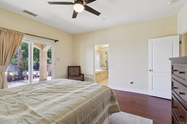 944 Rainbow Crest Rd, Fallbrook, CA 92028 - bedroom with access to outside, wood finished floors, baseboards, ensuite bath, and ceiling fan