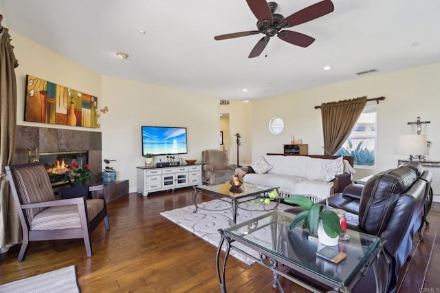 944 Rainbow Crest Rd, Fallbrook, CA 92028 - living area featuring a ceiling fan, wood-type flooring, a tile fireplace, and recessed lighting
