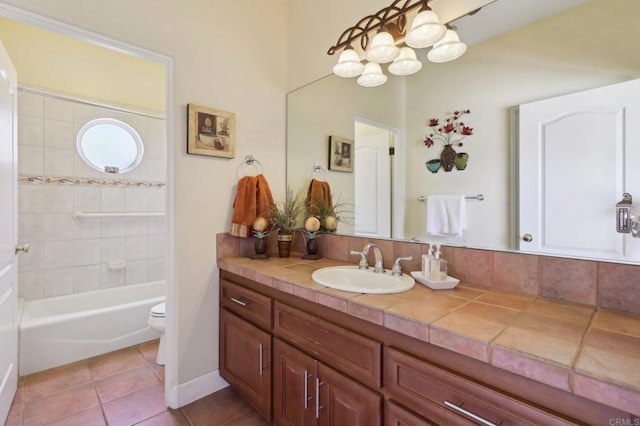 944 Rainbow Crest Rd, Fallbrook, CA 92028 - full bath with vanity, toilet, tile patterned floors, a chandelier, and bathtub / shower combination
