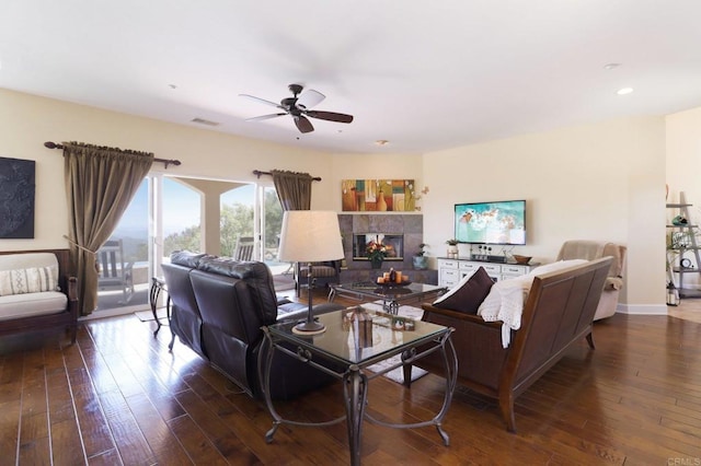 944 Rainbow Crest Rd, Fallbrook, CA 92028 - living area featuring ceiling fan, hardwood / wood-style flooring, recessed lighting, and a tile fireplace