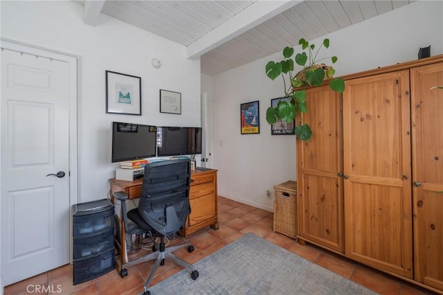 home office with beamed ceiling, light tile patterned floors, wood ceiling, and baseboards
