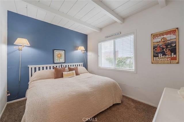 bedroom with carpet flooring, baseboards, beamed ceiling, and wood ceiling