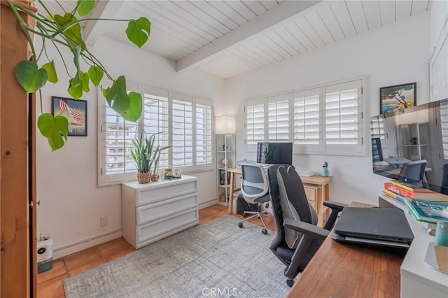 office area featuring beam ceiling, wooden ceiling, and light tile patterned floors
