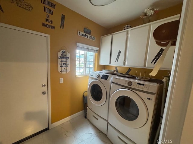 4605 Butterfield Way, Hemet, CA 92544 - laundry room with cabinet space, washer and dryer, and light marble finish flooring
