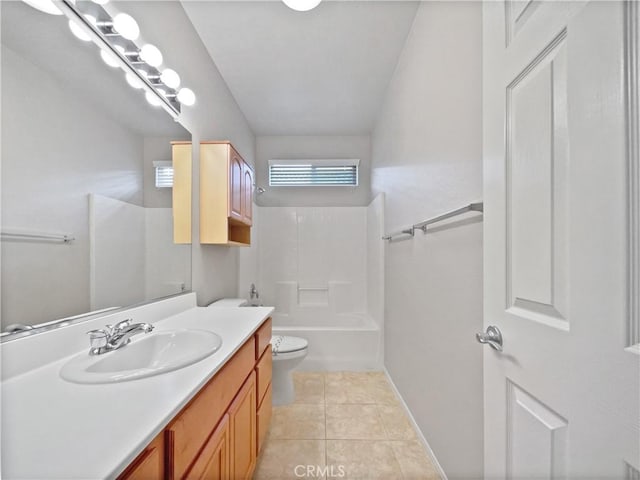 full bathroom featuring vanity, tile patterned flooring, tub / shower combination, toilet, and baseboards