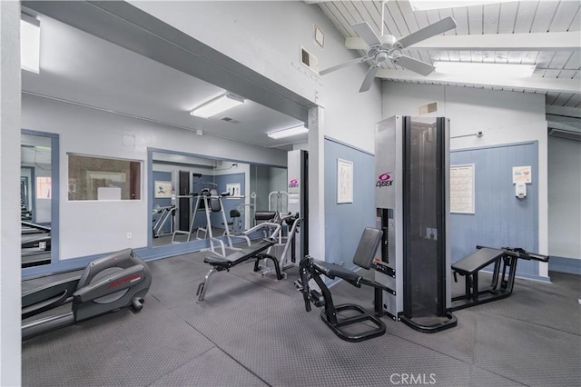 workout area with ceiling fan, visible vents, and lofted ceiling