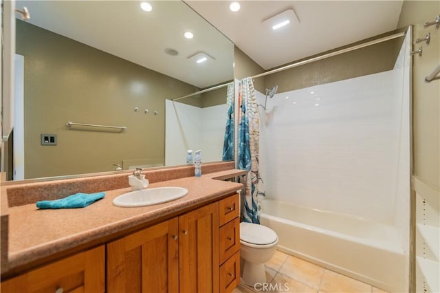 bathroom featuring toilet, tile patterned flooring, shower / bath combo, and vanity