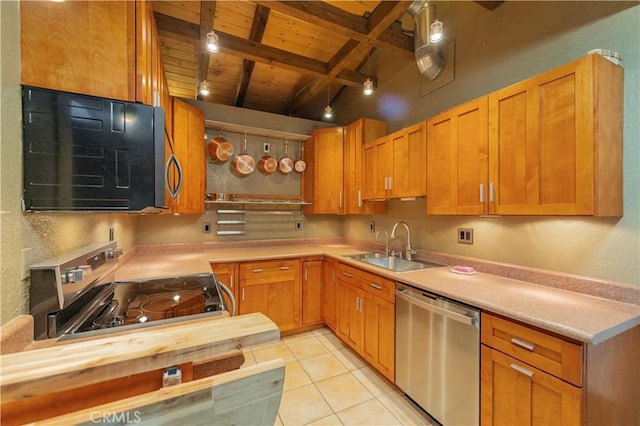 kitchen with a sink, beamed ceiling, light countertops, wood ceiling, and appliances with stainless steel finishes