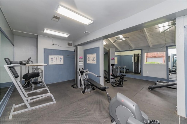 workout area with visible vents and a ceiling fan