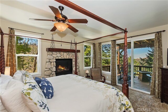 1119 Brentwood Dr, Lake Arrowhead, CA 92352 - bedroom featuring access to outside, multiple windows, a fireplace, and a ceiling fan