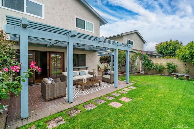 8913 La Dona Ct, Fountain Valley, CA 92708 - back of property with a patio area, an outdoor hangout area, a yard, a pergola, and stucco siding