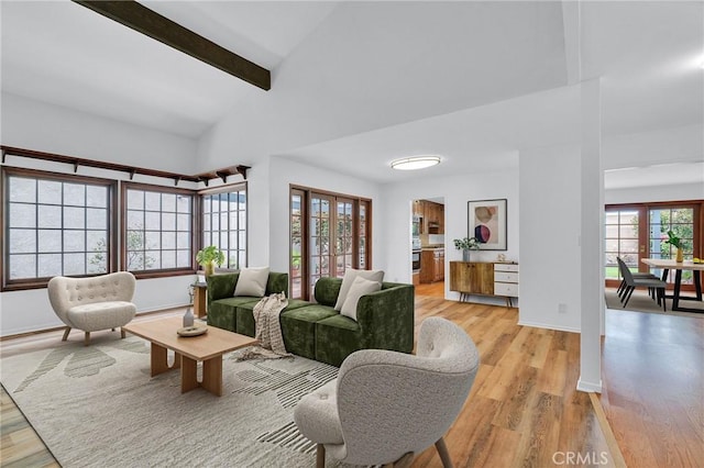 8913 La Dona Ct, Fountain Valley, CA 92708 - living room featuring baseboards, lofted ceiling with beams, a healthy amount of sunlight, and light wood-style flooring