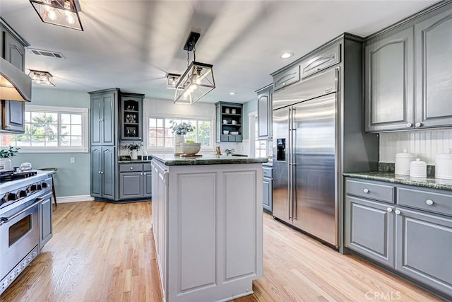 kitchen featuring open shelves, a kitchen island, gray cabinetry, and premium appliances