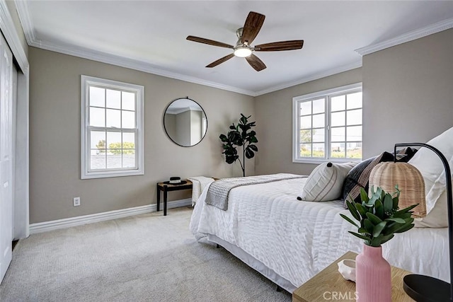 carpeted bedroom featuring crown molding, baseboards, multiple windows, and a closet