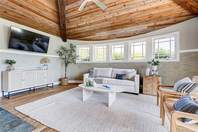 living area featuring plenty of natural light, lofted ceiling, wooden ceiling, and wood finished floors