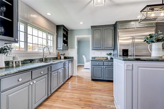kitchen with open shelves, a sink, light wood finished floors, stainless steel appliances, and gray cabinetry