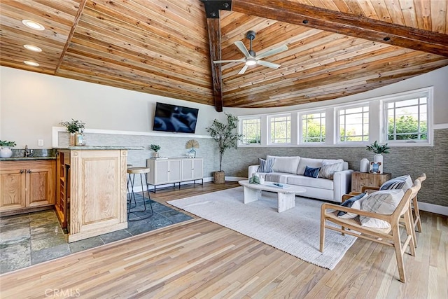 living room with wood finished floors, ceiling fan, vaulted ceiling with beams, recessed lighting, and wooden ceiling