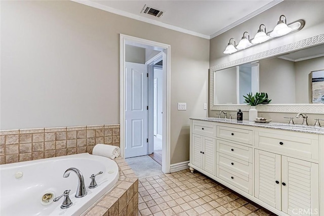 full bath with a whirlpool tub, a sink, double vanity, and ornamental molding