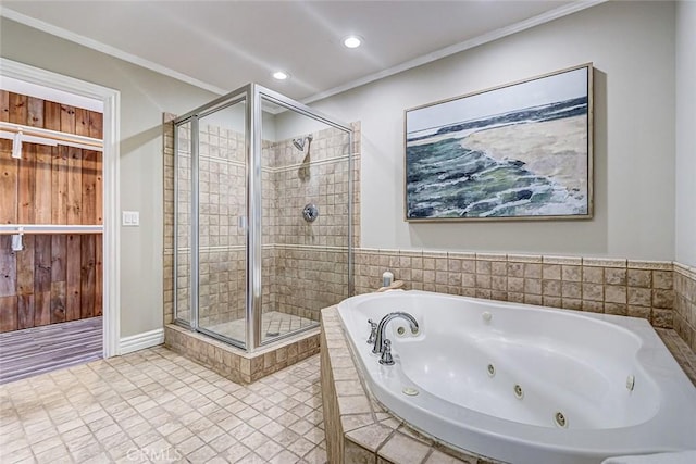 full bathroom featuring ornamental molding, a whirlpool tub, a stall shower, and recessed lighting