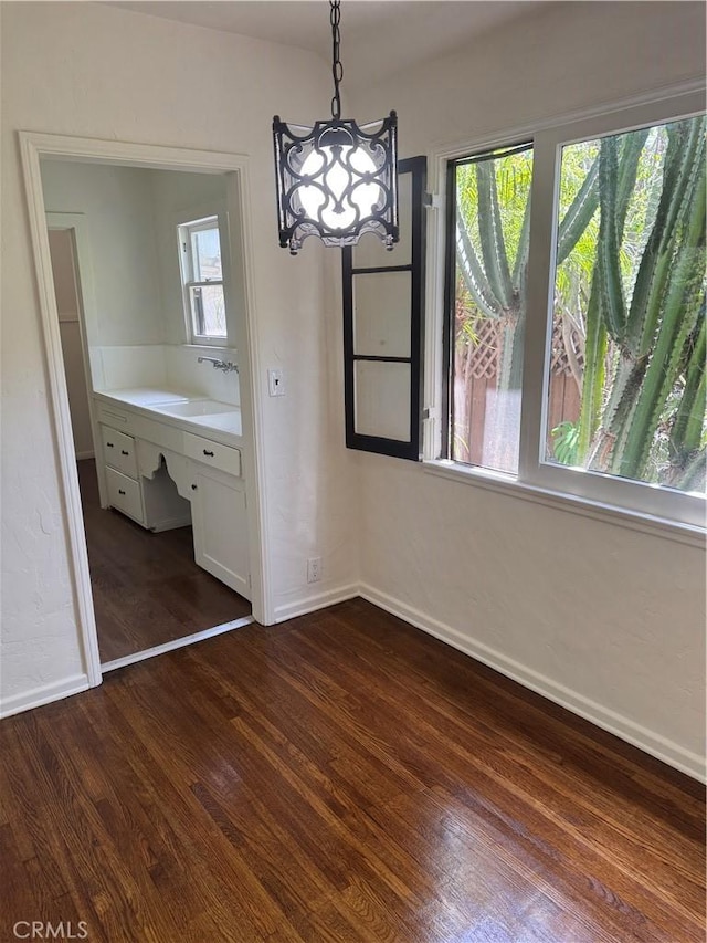 1960 Olive Way, Pasadena, CA 91104 - unfurnished dining area featuring dark wood-style flooring, baseboards, a sink, a chandelier, and a desk