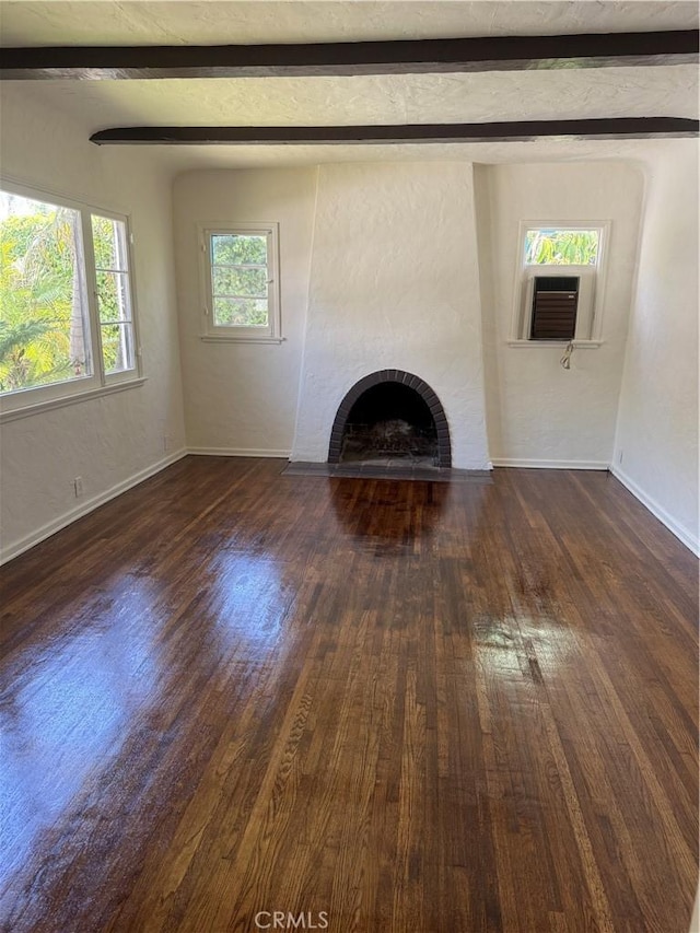 1960 Olive Way, Pasadena, CA 91104 - unfurnished living room with wood finished floors, beam ceiling, a brick fireplace, and baseboards