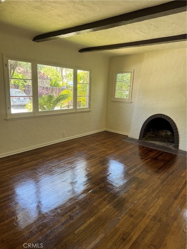 1960 Olive Way, Pasadena, CA 91104 - unfurnished living room with a fireplace, dark wood finished floors, baseboards, and beamed ceiling