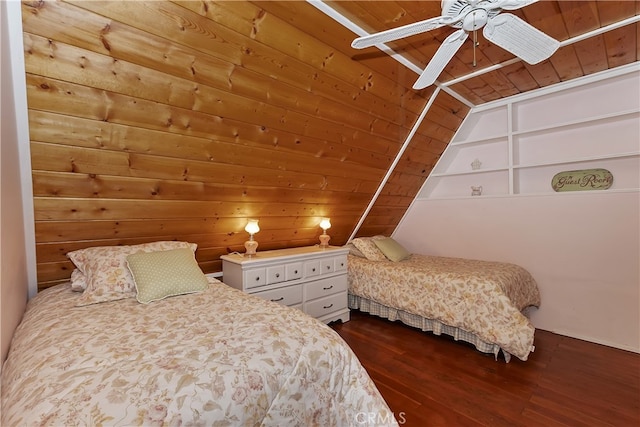 242 Holiday Dr, Lake Arrowhead, CA 92352 - bedroom featuring a ceiling fan, dark wood finished floors, wood ceiling, and vaulted ceiling