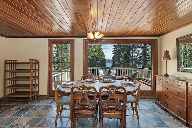 242 Holiday Dr, Lake Arrowhead, CA 92352 - dining room with stone tile floors, plenty of natural light, and wood ceiling