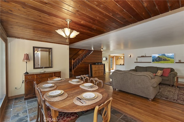 242 Holiday Dr, Lake Arrowhead, CA 92352 - dining space with stairway, wooden ceiling, baseboards, and stone finish floor