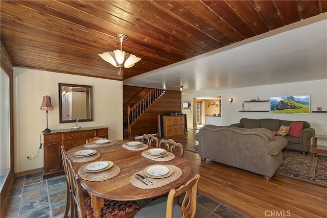 242 Holiday Dr, Lake Arrowhead, CA 92352 - dining room featuring stairway, wood ceiling, and dark stone finish floors