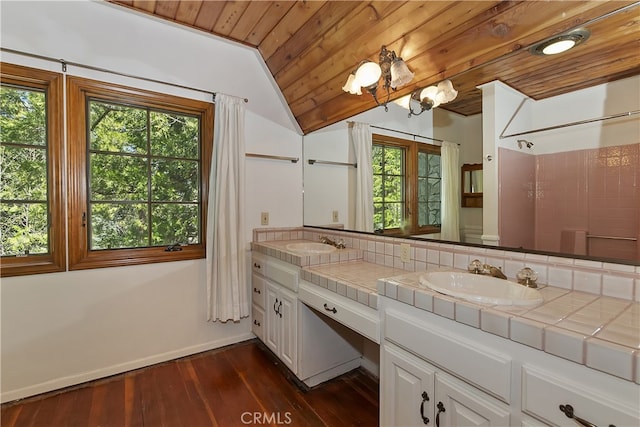 242 Holiday Dr, Lake Arrowhead, CA 92352 - full bathroom with wood ceiling, vaulted ceiling, a sink, and hardwood / wood-style floors