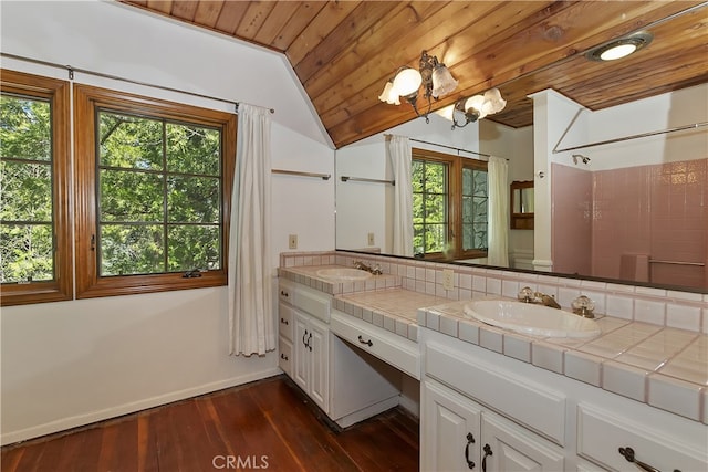 242 Holiday Dr, Lake Arrowhead, CA 92352 - full bathroom featuring wooden ceiling, vaulted ceiling, double vanity, hardwood / wood-style floors, and a shower