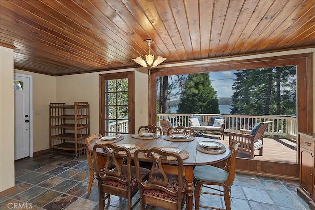 242 Holiday Dr, Lake Arrowhead, CA 92352 - dining room featuring stone tile flooring and wooden ceiling