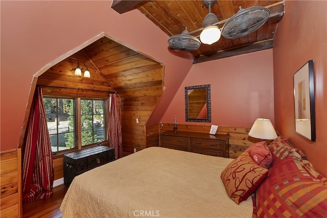 242 Holiday Dr, Lake Arrowhead, CA 92352 - bedroom with vaulted ceiling with beams, wood ceiling, wood finished floors, and wooden walls