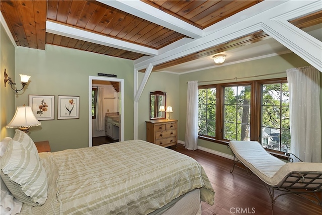242 Holiday Dr, Lake Arrowhead, CA 92352 - bedroom with dark wood-style flooring, beam ceiling, baseboards, wood ceiling, and ensuite bath